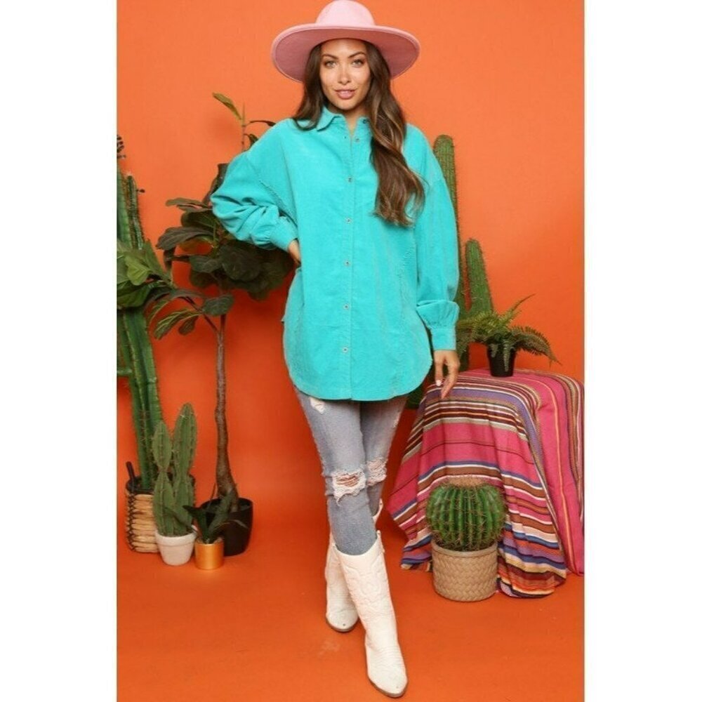 Smiley Face Patch Corduroy Shacket in Jade - Picture 6 of 6